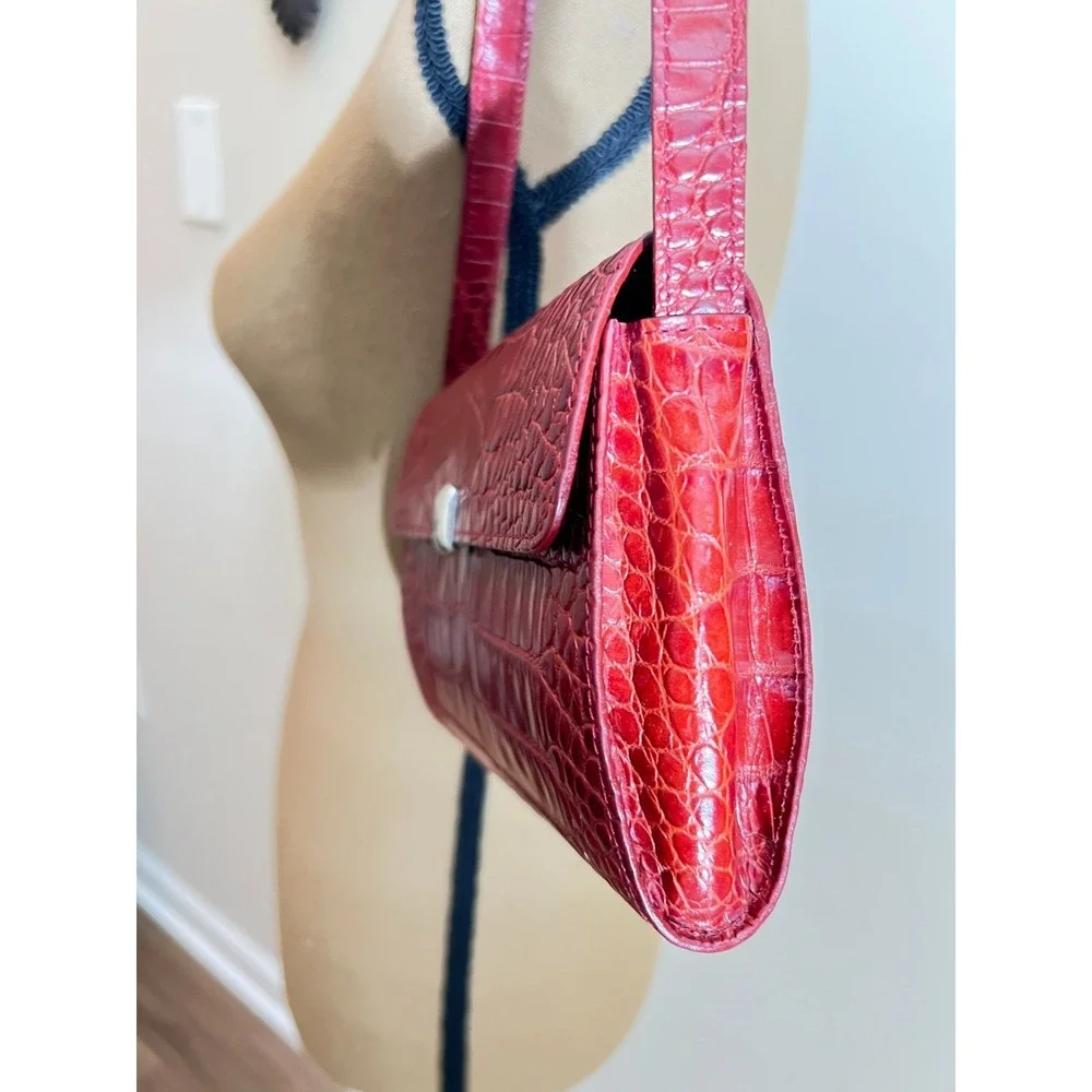 VTG Lauren Ralph Lauren Red Croc Embossed Leather Shoulder Clutch‎ Card Holder
